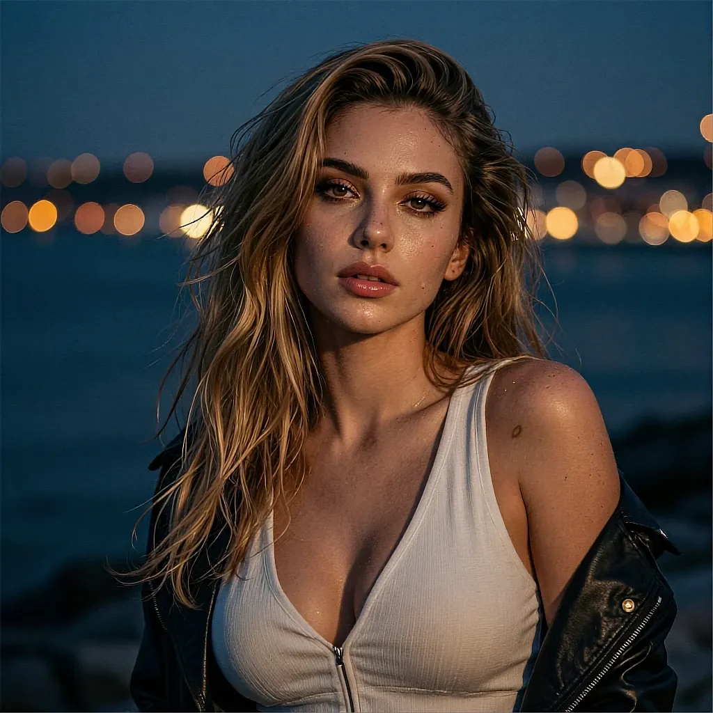 Roster thumbnail of a fictional AI character in a leather jacket at a waterfront at blue hour