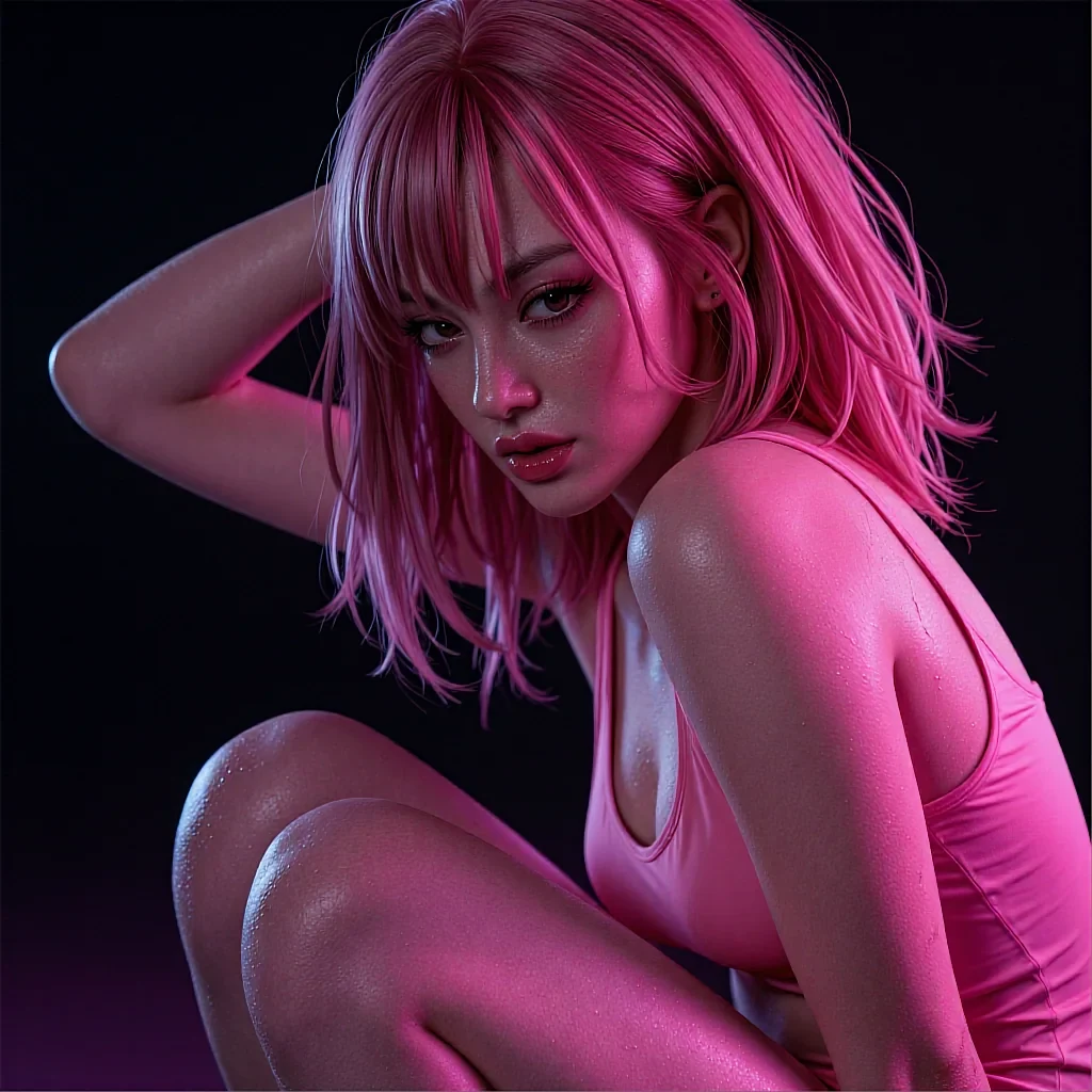 Roster thumbnail of a fictional AI character with pink hair under magenta studio light