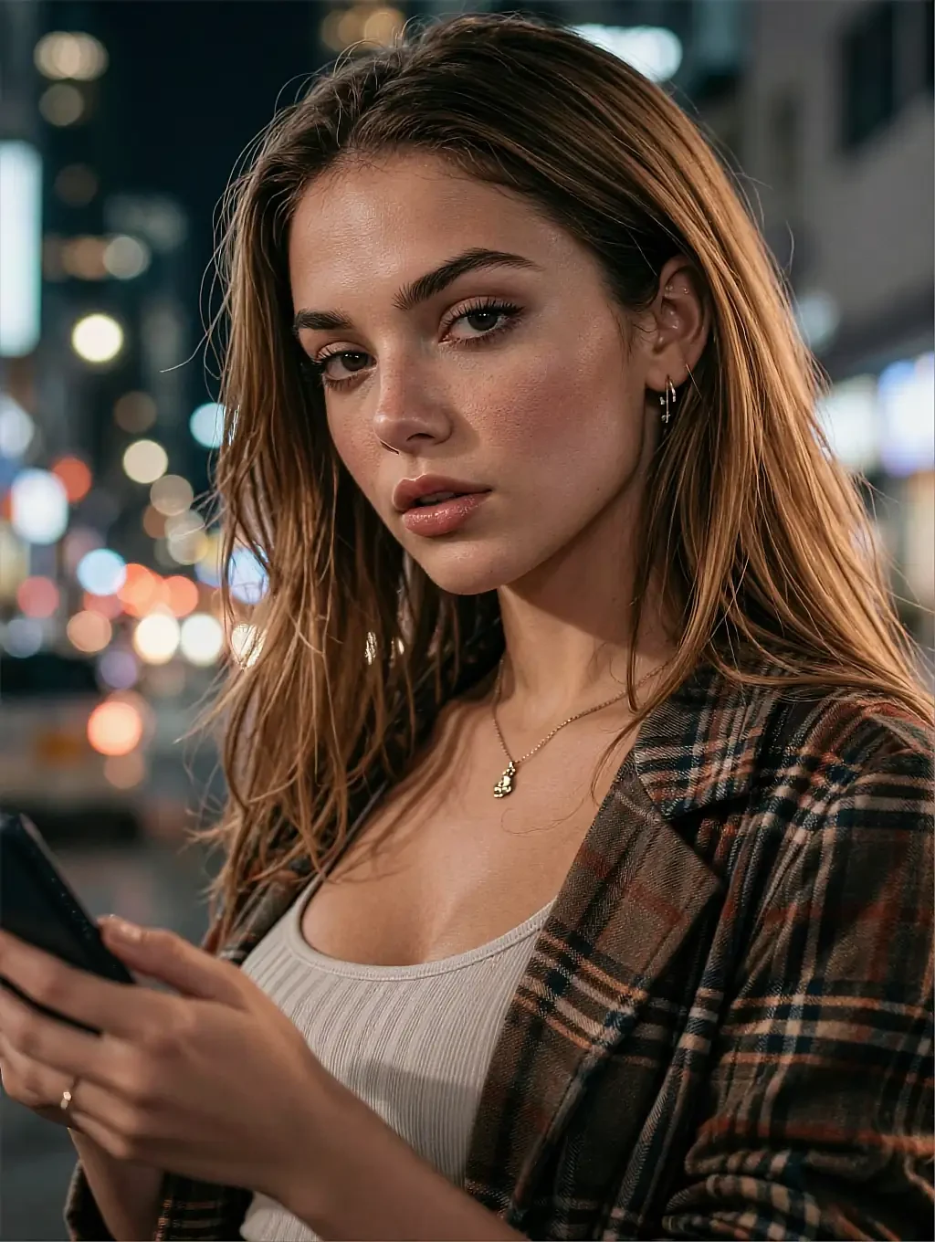 Jessica from the agency roster, a fictional AI character in a plaid flannel shirt on a city street at night
