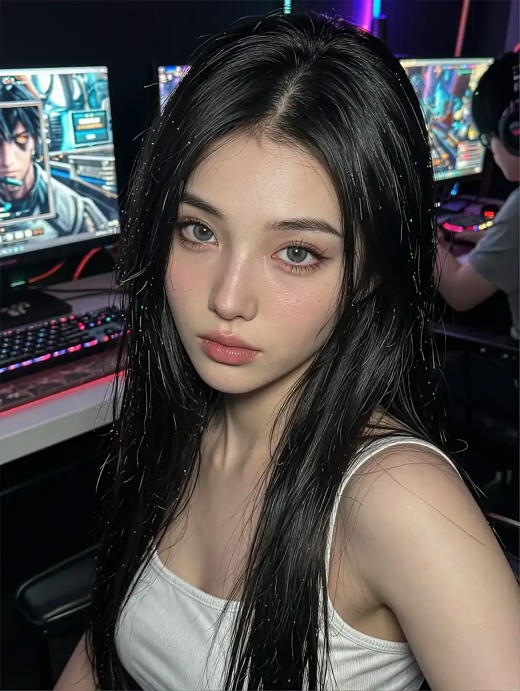 Kennedy from the agency roster, a fictional AI character in a white tank top in a gaming room lit purple and blue