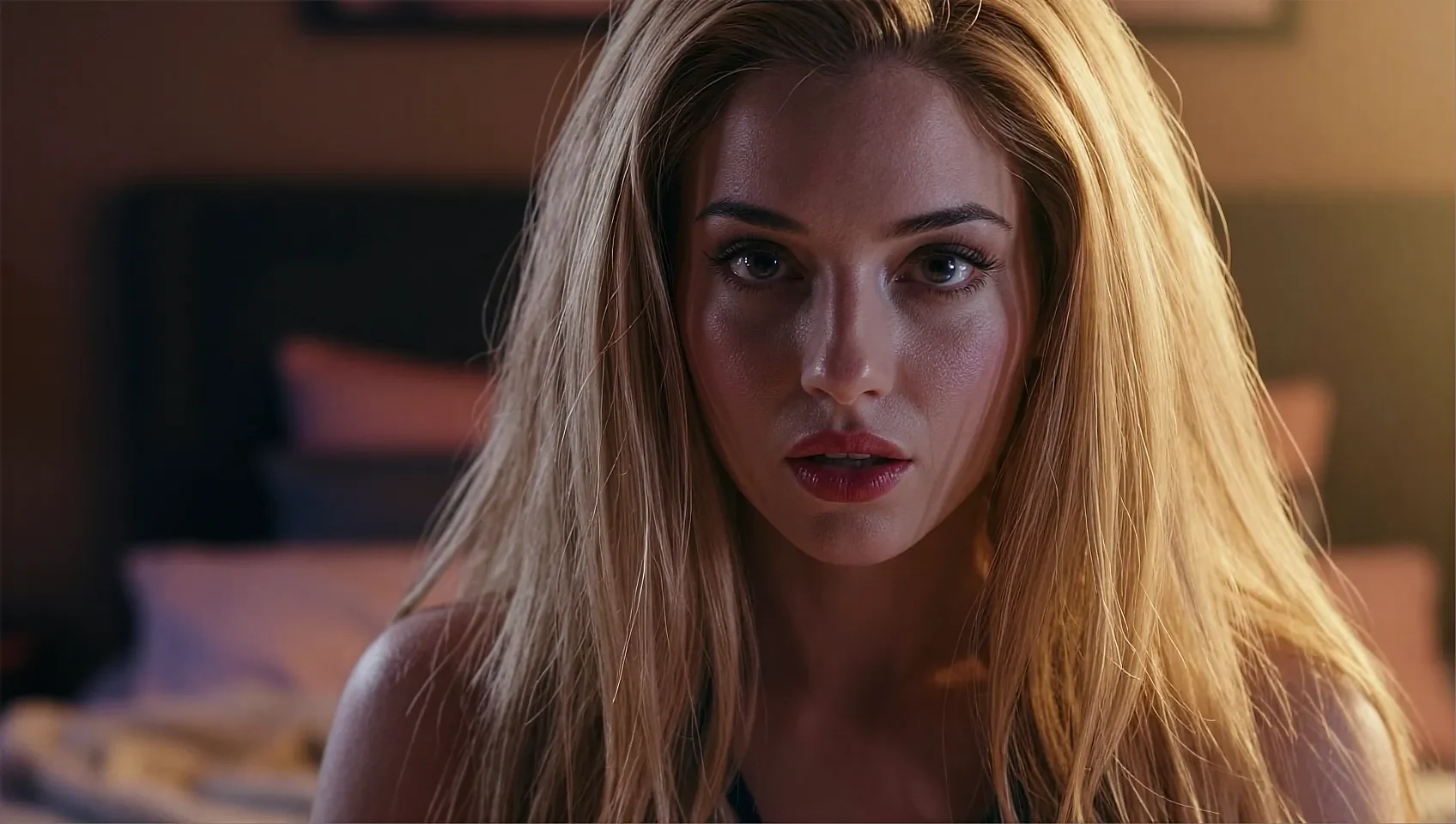 Wide frame of a fictional AI character in a dim bedroom, shown beside the closing call to action