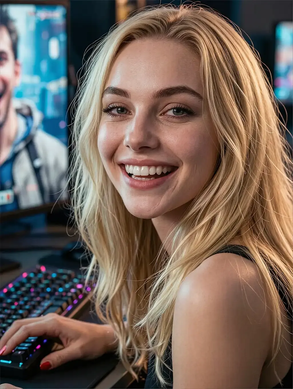 Fictional AI character on the long-game roster, smiling at a desk beside a backlit keyboard and monitors