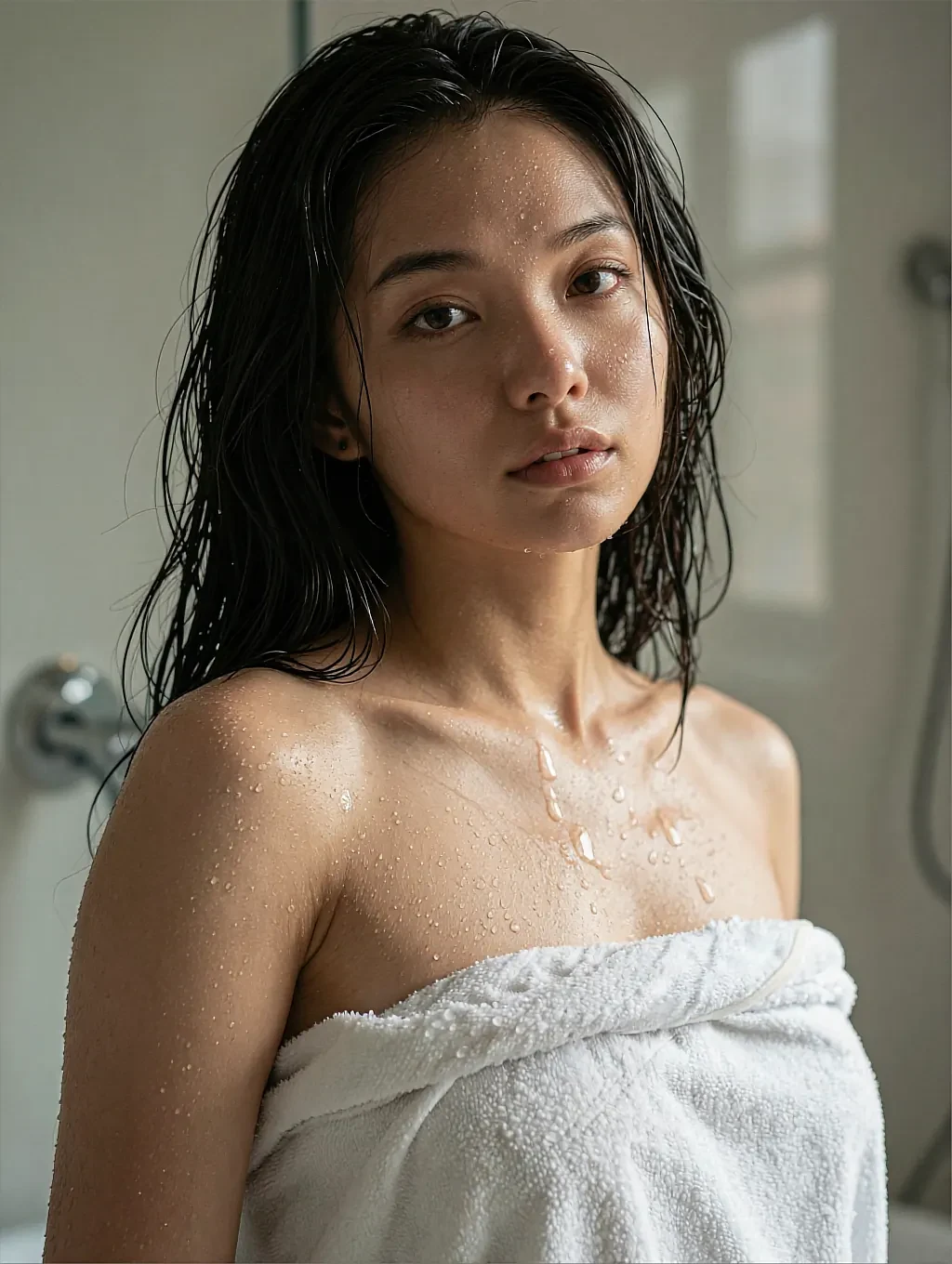 Fictional adult AI character on the night roster, wrapped in a towel in a daylit bathroom