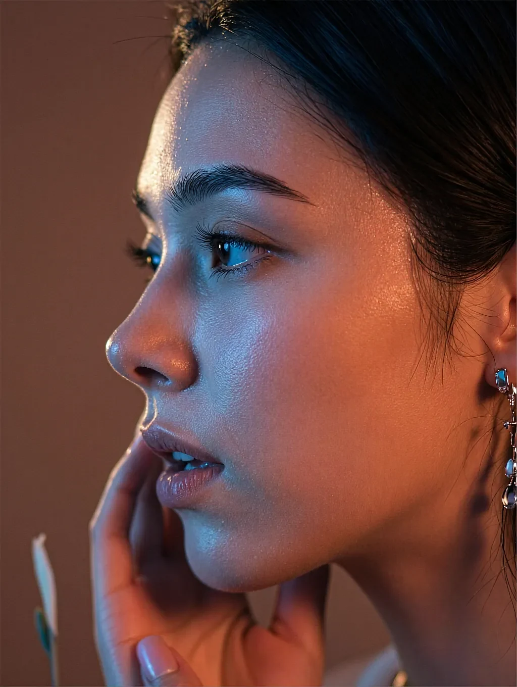 Fictional AI character on the browser shift, a close studio portrait under split warm and teal light
