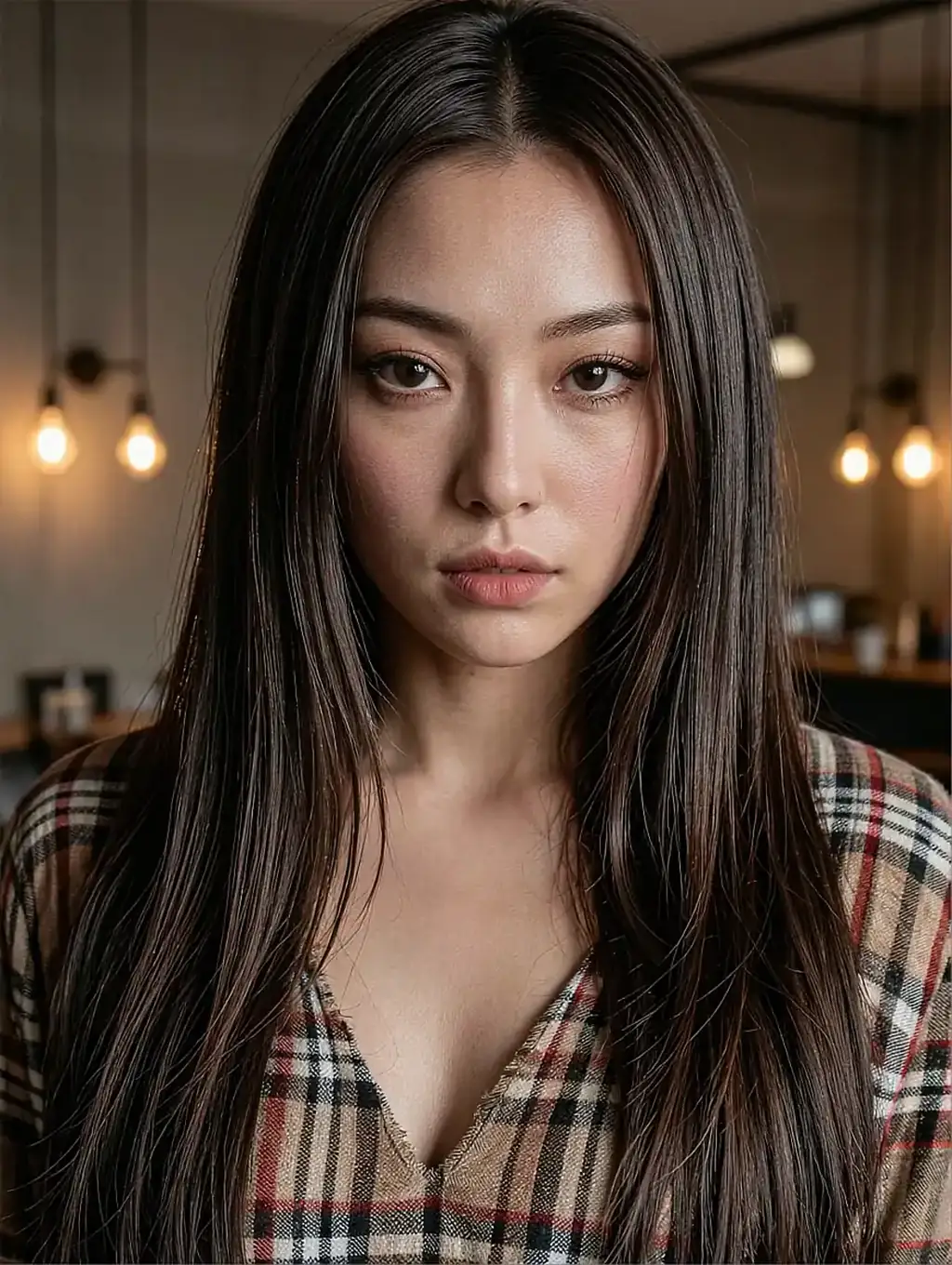 Fictional AI character with an open file, photographed in a cafe under warm hanging bulbs