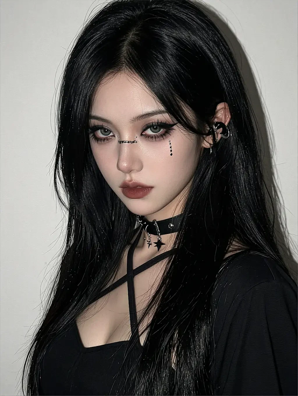 Fictional AI character with an open file, a flat-lit studio portrait with dark makeup and a studded choker