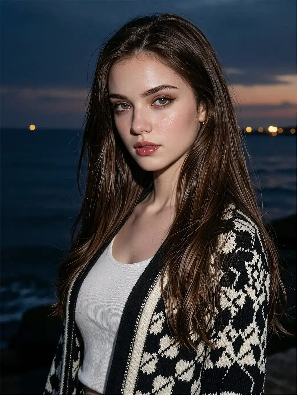 Fictional AI character with an open file, in a knit cardigan at the seaside at dusk